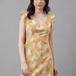 TRYMISFIT Floral Printed V-Neck Flutter Sleeves Cotton Sheath Dress-picture-39