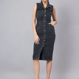 Orchid Blues Sleeveless Cotton Denim Shirt Midi Dress-picture-10