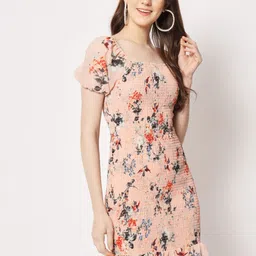 Trend Arrest Smocking Floral Printed Georgette Sheath Dress-70