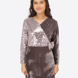 CUTECUMBER Girls Embellished V-Neck Sequinned Detailed Velvet Sheath Dress-picture-34