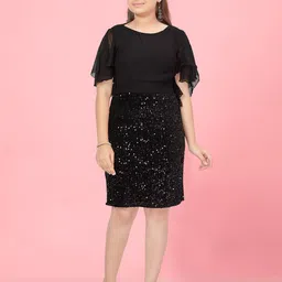 BAESD Girls Embellished Flared Sleeve Sequined Velvet Sheath Dress-picture-35