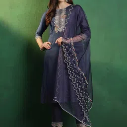 Sangria Ethnic Motifs Embroidered Sequinned Kurta with Trousers & Dupatta-picture-25