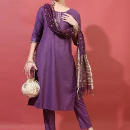 Vishudh Women Purple Ethnic Straight Kurta with Trousers & With Dupatta-47