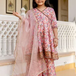Cutiediva Girls Floral Printed Anarkali Kurta With Sharara & Dupatta-image-36