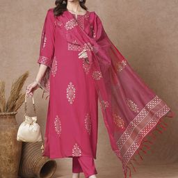 GoSriKi Floral Printed Notch Neck Straight Kurta With Trousers And Dupatta-picture-15