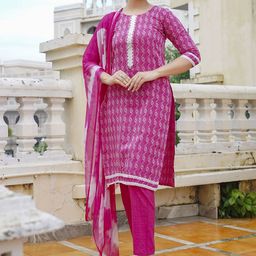 Anushansa Geometric Printed Thread Work Round Neck Straight Kurta With Trouser And Dupatta-image-63