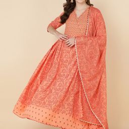 MAAND Women Orange Printed Pure Cotton Kurta with Trousers & With Dupatta-image-65