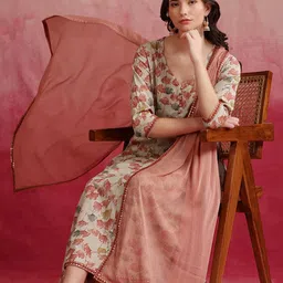 Khushal K Floral Printed V-Neck Three-Quarter Sleeves Kurta with Trousers & With Dupatta-58