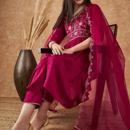 Sangria Embroidered A-Line Kurta With Trouser & Dupatta Set image 3