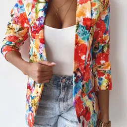 StyleCast x Revolte Orange-Coloured Floral Printed Shawl Collar Tailored Jacket-3