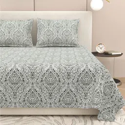 DREAM WEAVERZ White & Grey Ethnic Motifs 220 TC King Bedsheet with 2 Pillow Covers-image-96