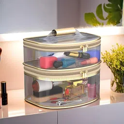Kuber Industries Golden D Shape-Design Dual Layer Makeup Bag With Handle image 2