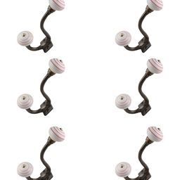 IndianShelf White and Red 6 Piece Ceramic Striped Printed Wall Hooks-10