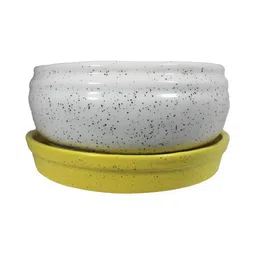 LASAKI White & Yellow 2 Pieces Textured Ceramic Planter With Holder-11