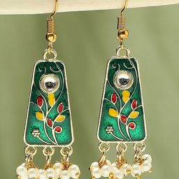 OOMPH Gold Plated Geometric Kundan Studded And Beaded Meenakari Drop Earrings-14