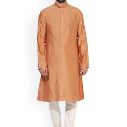 KISAH Men Peach-Coloured & almost apricot Thread Work Kurta-4
