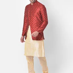 DEYANN Men Red & Cream-Coloured Printed Sherwani Set image 2