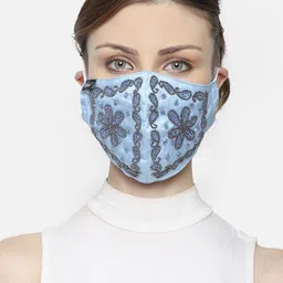 Anekaant Women Blue Art Silk Embellished 3-Ply Reusable Cloth Mask-29
