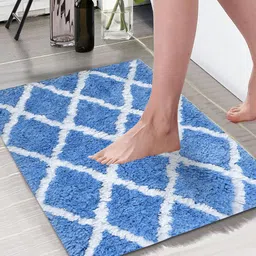 Aura Turquoise Blue & White Checkered Rectangular 1850 GSM Microfiber Bath Rug-image-74