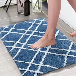 Aura Turquoise Blue & White Checked Rectangular 1850 GSM Anti Skid Bath Rug-58