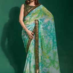 Anouk Turquoise Blue & Green Tie and Dye Dyed Sequinned Pure Chiffon Saree-image-42