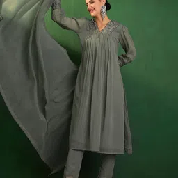 Sangria Sequin Embroidered A Line Kurta With Trouser & Dupatta image 1