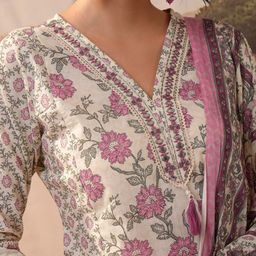 Vishudh Cream Floral Printed Regular Pure Cotton Kurta with Trouser & Dupatta image 2