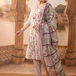 Vishudh Cream Floral Printed Regular Pure Cotton Kurta with Trouser & Dupatta image 5
