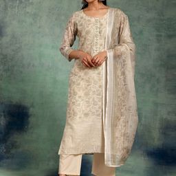 Libas Beige Floral Printed Beads and Stones Straight Kurta With Palazzos & Dupatta-image-102