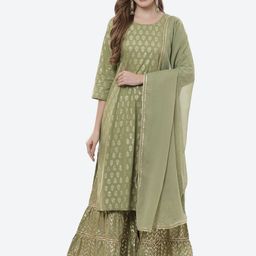 Rangriti Women Olive Green Ethnic Motifs Printed Pure Cotton Kurta with Sharara & Dupatta-38
