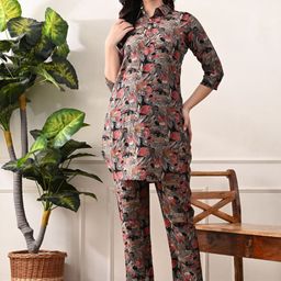 Bunai Dhaga Floral Printed Shirt Collar Pure Cotton Straight Tunic With Trouser-11