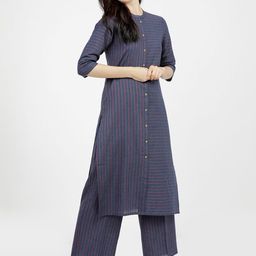 Vishudh Women Navy Blue Striped Panelled Pure Cotton Kurta with Palazzos-image-20