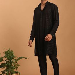 VASTRAMAY Men Georgette Sequence Semi Sheer Kurta With Pyjama-picture-11