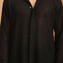 VASTRAMAY Men Georgette Sequence Semi Sheer Kurta With Pyjama image 3