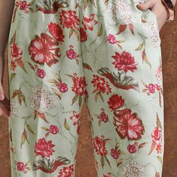 Vishudh Lime Green Floral Printed Extended Sleeves Kaftan Tunic With Trousers image 4