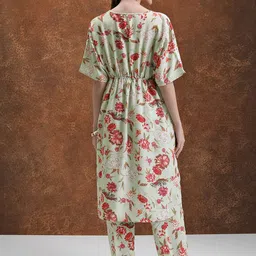 Vishudh Lime Green Floral Printed Extended Sleeves Kaftan Tunic With Trousers image 2