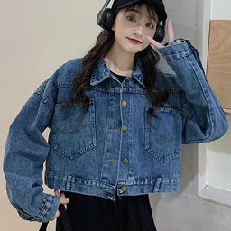 StyleCast x Revolte Blue Washed Spread Collar Crop Cotton Denim Jacket-35