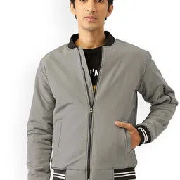 Leather Retail Men Grey & Black Colourblocked Bomber Jacket-24