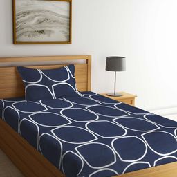 KLOTTHE Blue & White Geometric-Printed 300TC Single Bedsheet With 1 Pillow Cover-image-55