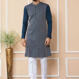 See Designs Striped Mandarin Collar Thread Work Pure Cotton Straight Kurta With Trousers-picture-35
