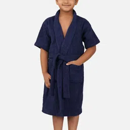 RANGOLI Kids Navy Blue Shawl Collar Pure Cotton Super Absorbent 400 GSM Bath Robe-image-94