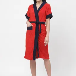 POORAK Red & Blue shawl collar Colourblocked Bath Robe-image-66