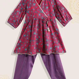 Biba Girls Pink Floral Printed Angrakha Pure Cotton Kurta with Salwar-image-5
