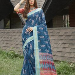 Anouk Navy Blue & Red Bagh Zari Pure Linen Bagh Saree-image-73