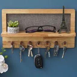 eCraftIndia Brown Multiutility 7 Hooks Wooden Key Holder With Shelf image 1