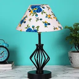 Devansh White & Blue Floral Printed Cotton Shade Table Lamp With Iron Base-14