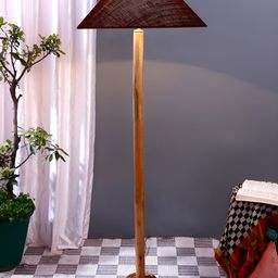 Devansh Brown & Maroon Textured Frustum Shaped Wooden Contemporary Floor Lamp With Shade-0