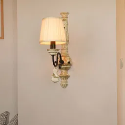 Fos Lighting White & Beige Distress Wood Single Rustic Wall Lamp with Pleated Fabric Shade image 2