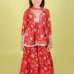 Stuffie Land Girls Floral Printed Empire Pure Cotton Anarkali Kurti & Sharara With Dupatta-image-21