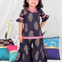 KID1 Girls V Neck Ethnic Motifs Printed Regular Pure Cotton Straight Kurti with Sharara-image-97